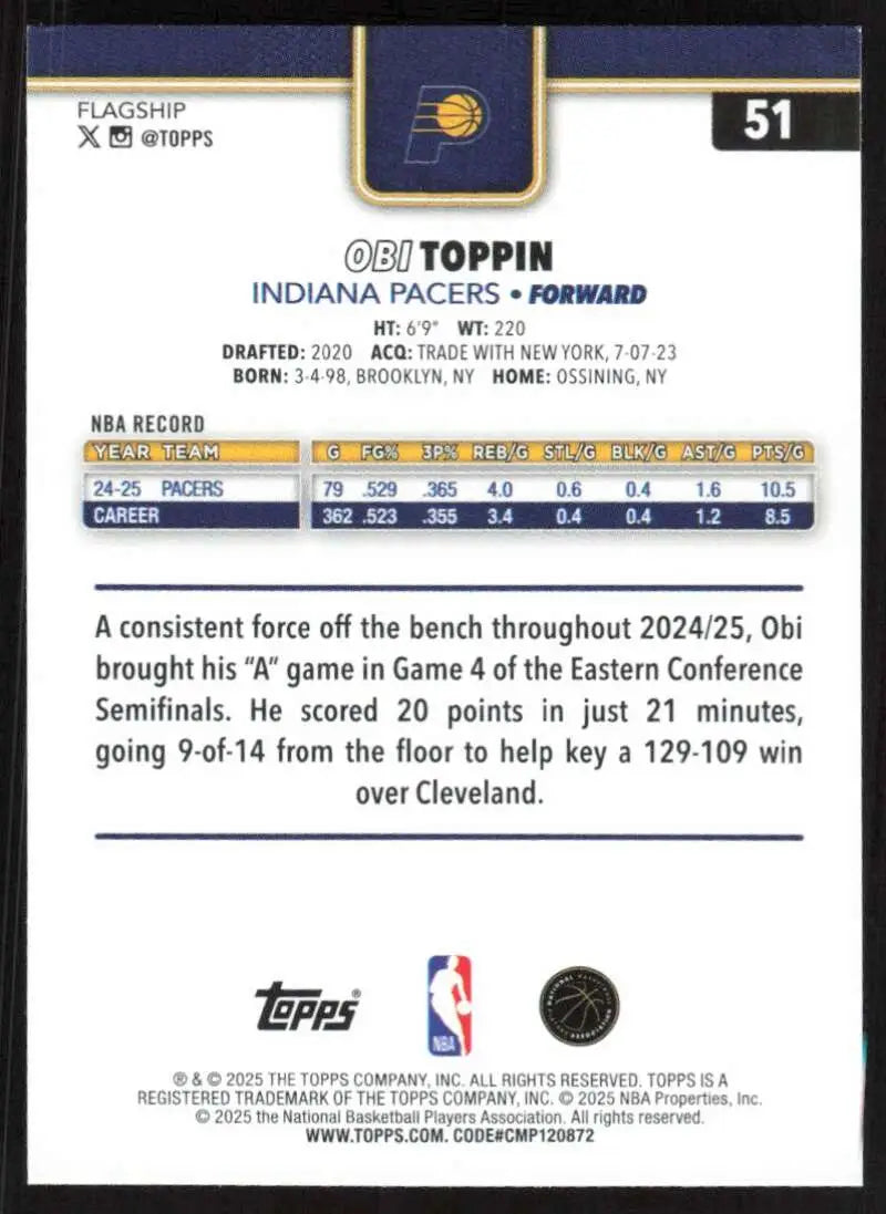 2025-26 Topps #51 Obi Toppin NM-MT Indiana Pacers Basketball Card - Basketball Card Single