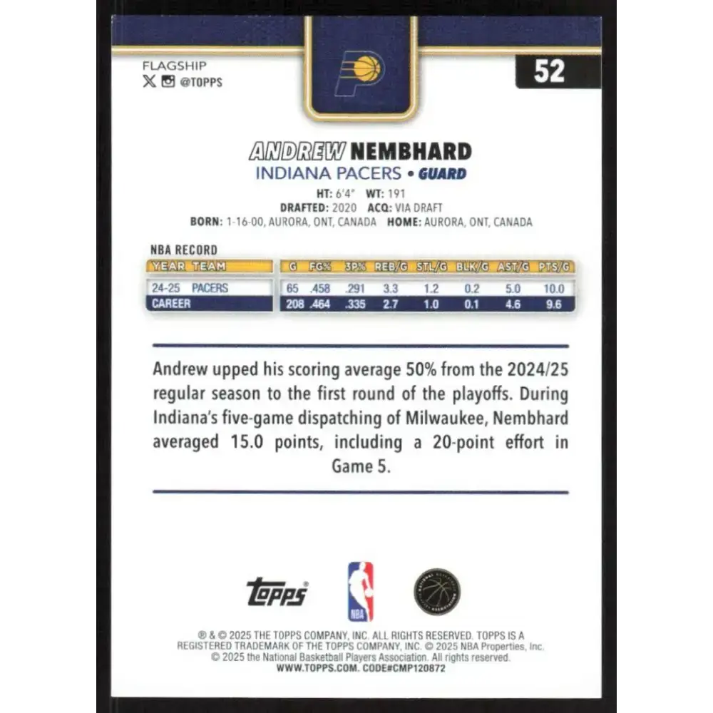 2025-26 Topps #52 Andrew Nembhard NM-MT Indiana Pacers Basketball Card - Basketball Card Single