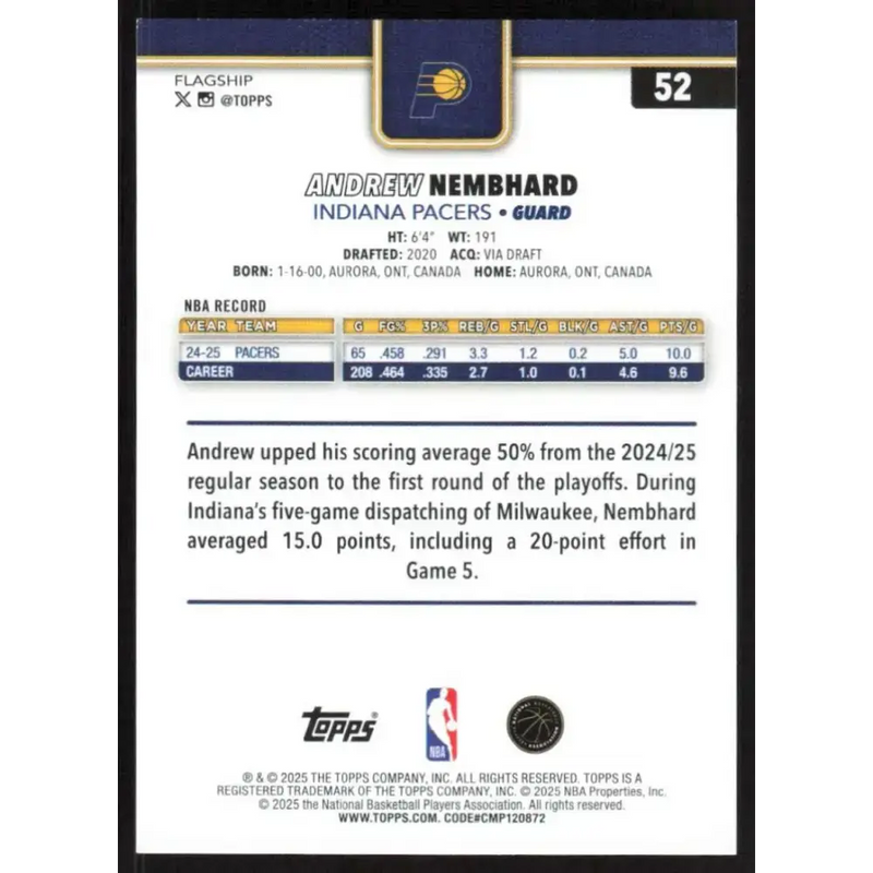 2025-26 Topps #52 Andrew Nembhard NM-MT Indiana Pacers Basketball Card - Basketball Card Single
