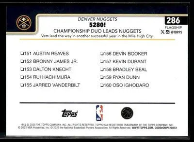 2025-26 Topps 5280!: Championship Duo Leads Nuggets #286 Denver Nuggets