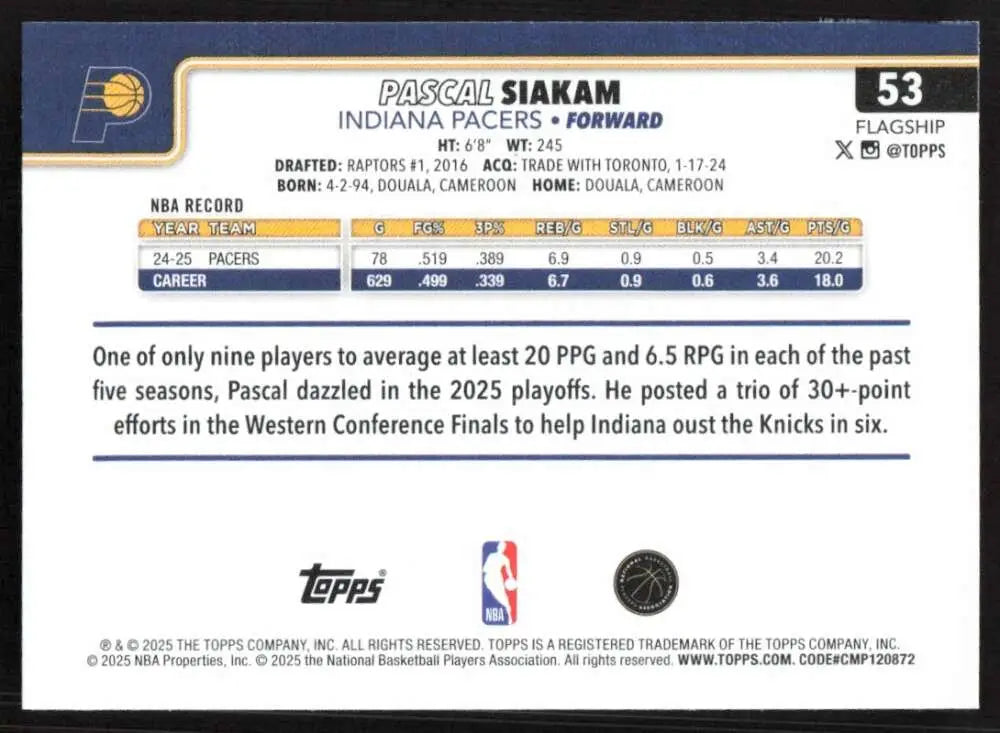 2025-26 Topps #53 Pascal Siakam NM-MT Indiana Pacers Basketball Card - Basketball Card Single
