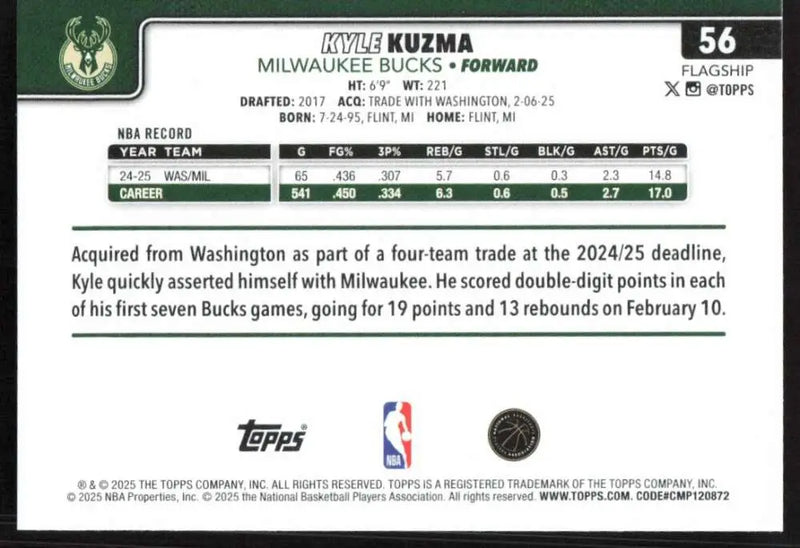 2025-26 Topps #56 Kyle Kuzma NM-MT Milwaukee Bucks Basketball Card - Basketball Card Single