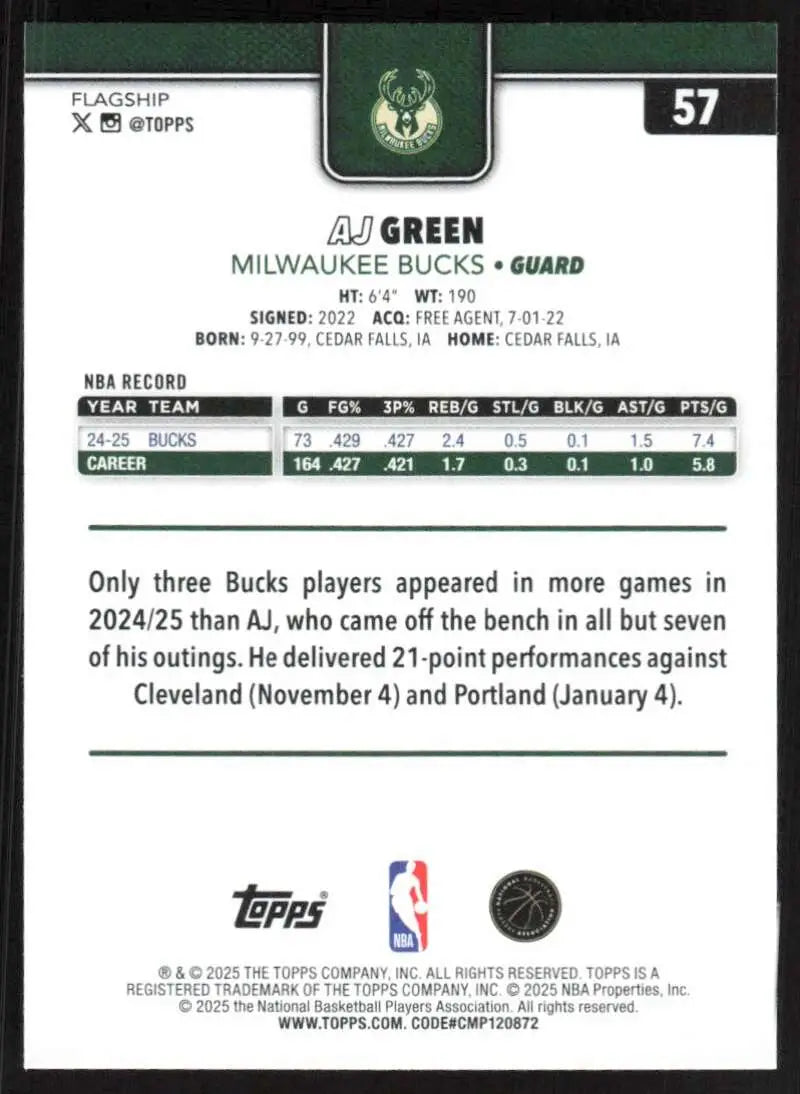 2025-26 Topps #57 AJ Green NM-MT Milwaukee Bucks Basketball Card - Basketball Card Single