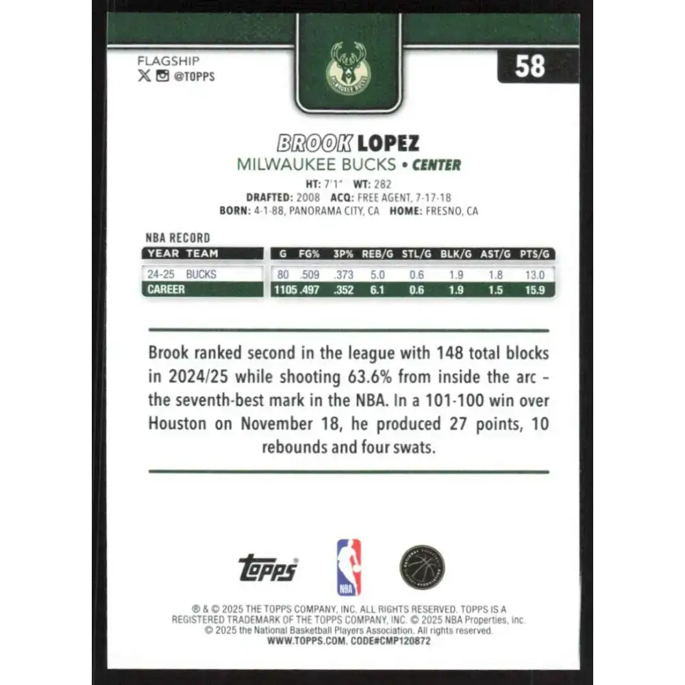 2025-26 Topps #58 Brook Lopez NM-MT Milwaukee Bucks Basketball Card - Basketball Card Single