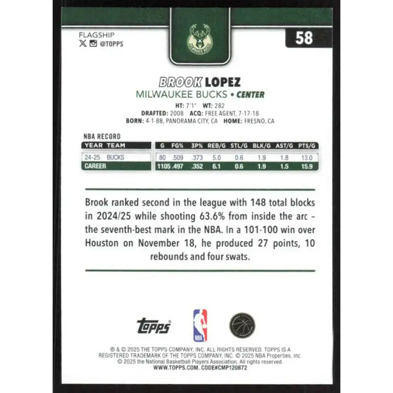 2025-26 Topps #58 Brook Lopez NM-MT Milwaukee Bucks Basketball Card - Basketball Card Single