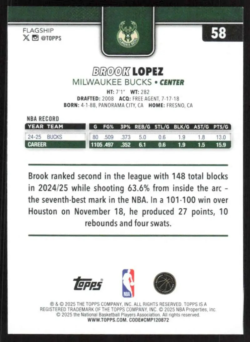 2025-26 Topps #58 Brook Lopez NM-MT Milwaukee Bucks Basketball Card - Basketball Card Single