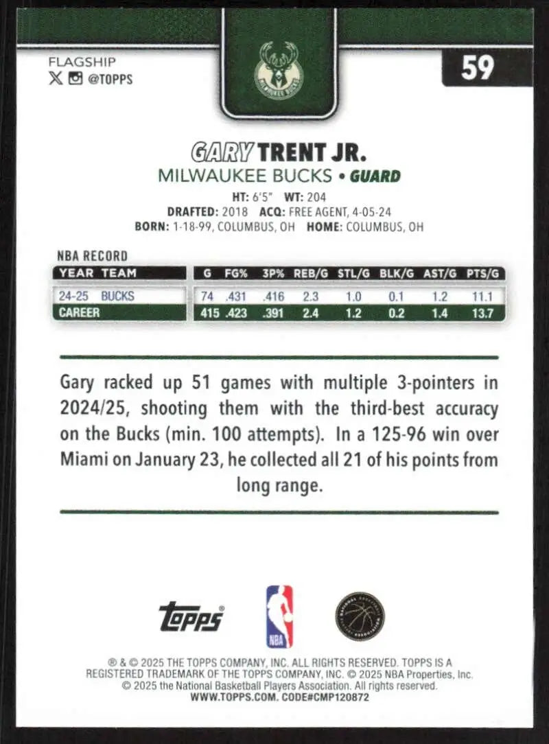 2025-26 Topps #59 Gary Trent Jr. NM-MT Milwaukee Bucks Basketball Card - Basketball Card Single