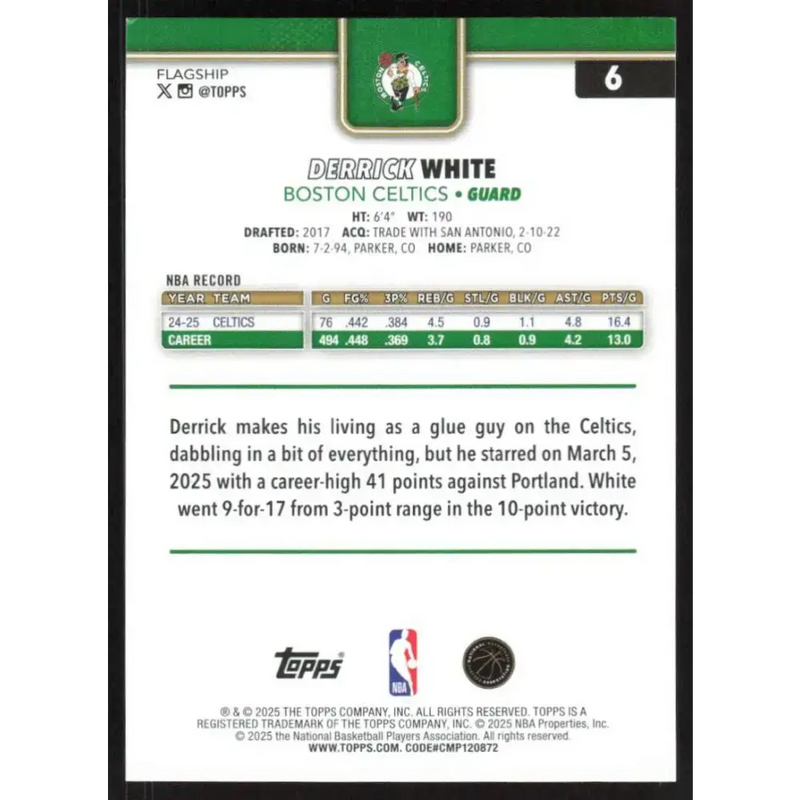 2025-26 Topps #6 Derrick White NM-MT Boston Celtics Basketball Card - Basketball Card Single