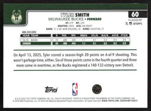 2025-26 Topps #60 Tyler Smith NM-MT Bucks ID:80796 - Basketball Card Single
