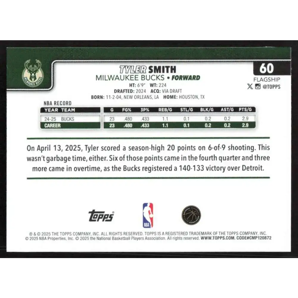 2025-26 Topps #60 Tyler Smith NM-MT Milwaukee Bucks Basketball Card - Basketball Card Single