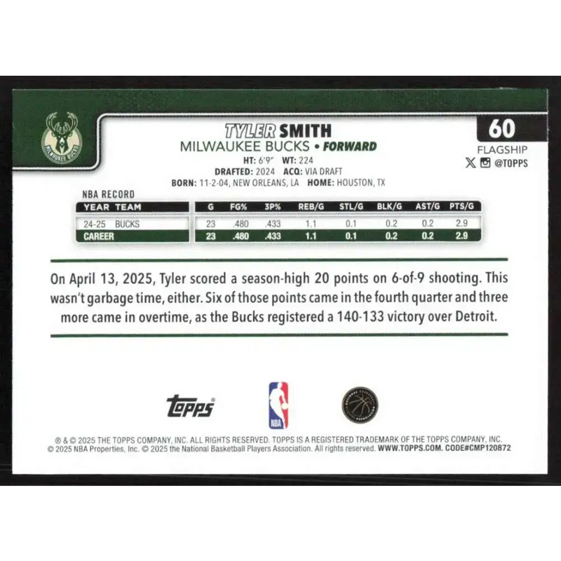 2025-26 Topps #60 Tyler Smith NM-MT Milwaukee Bucks Basketball Card - Basketball Card Single