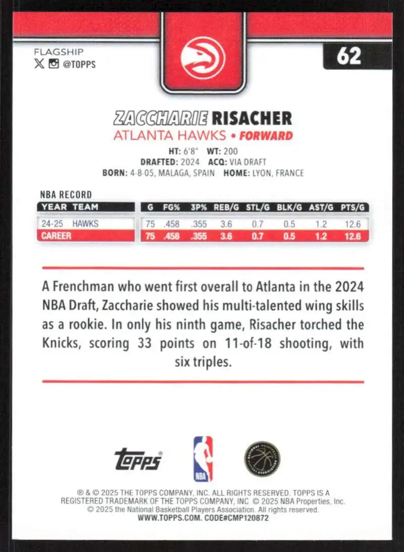 2025-26 Topps #62 Zaccharie Risacher NM-MT Atlanta Hawks Basketball Card - Basketball Card Single