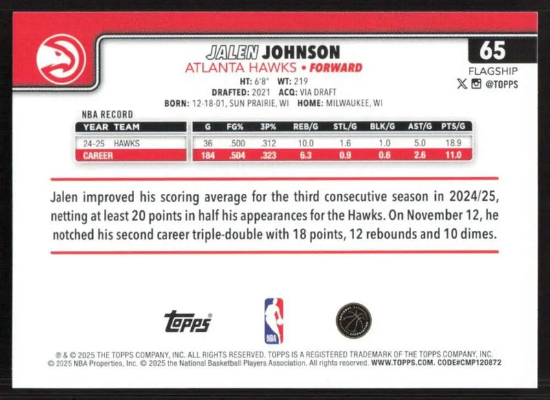 2025-26 Topps #65 Jalen Johnson NM-MT Atlanta Hawks Basketball Card