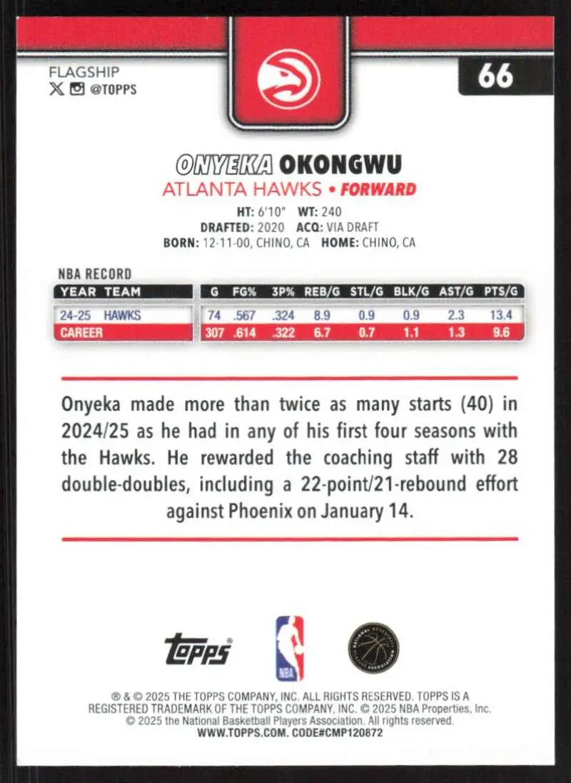 2025-26 Topps #66 Onyeka Okongwu NM-MT Atlanta Hawks Basketball Card