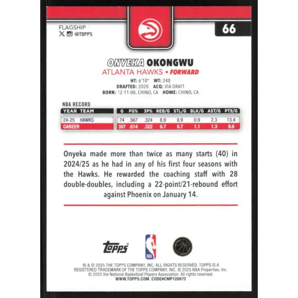 2025-26 Topps #66 Onyeka Okongwu NM-MT Atlanta Hawks Basketball Card