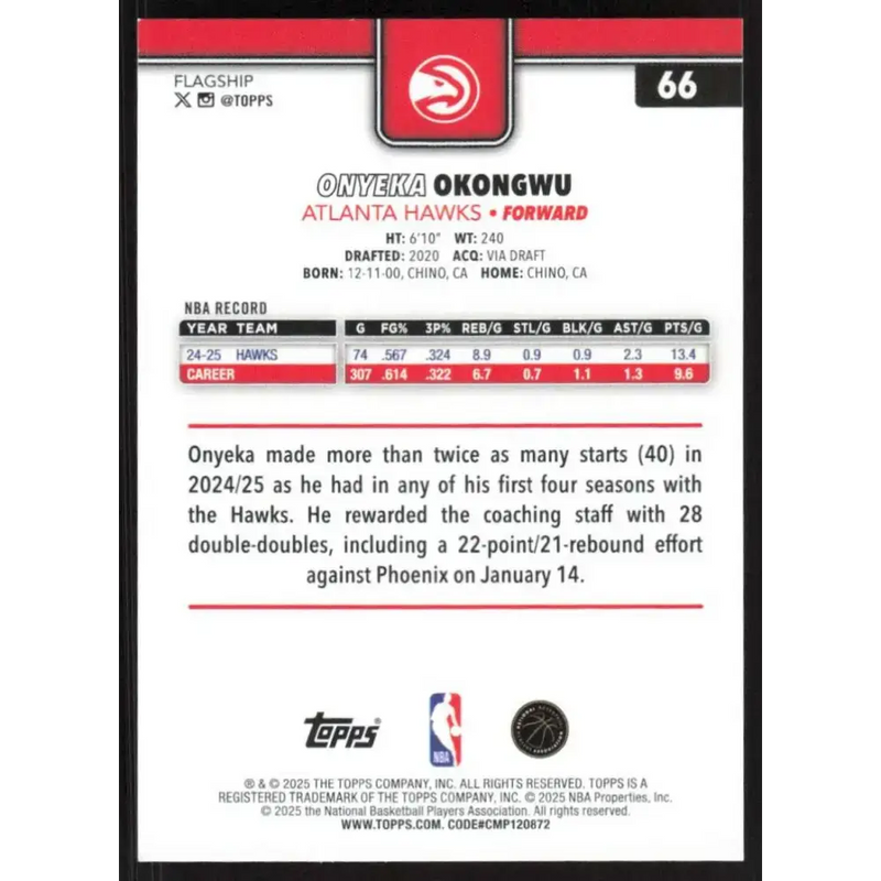 2025-26 Topps #66 Onyeka Okongwu NM-MT Atlanta Hawks Basketball Card