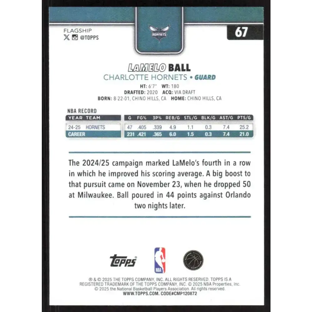 2025-26 Topps #67 LaMelo Ball NM-MT Charlotte Hornets Basketball Card - Basketball Card Single