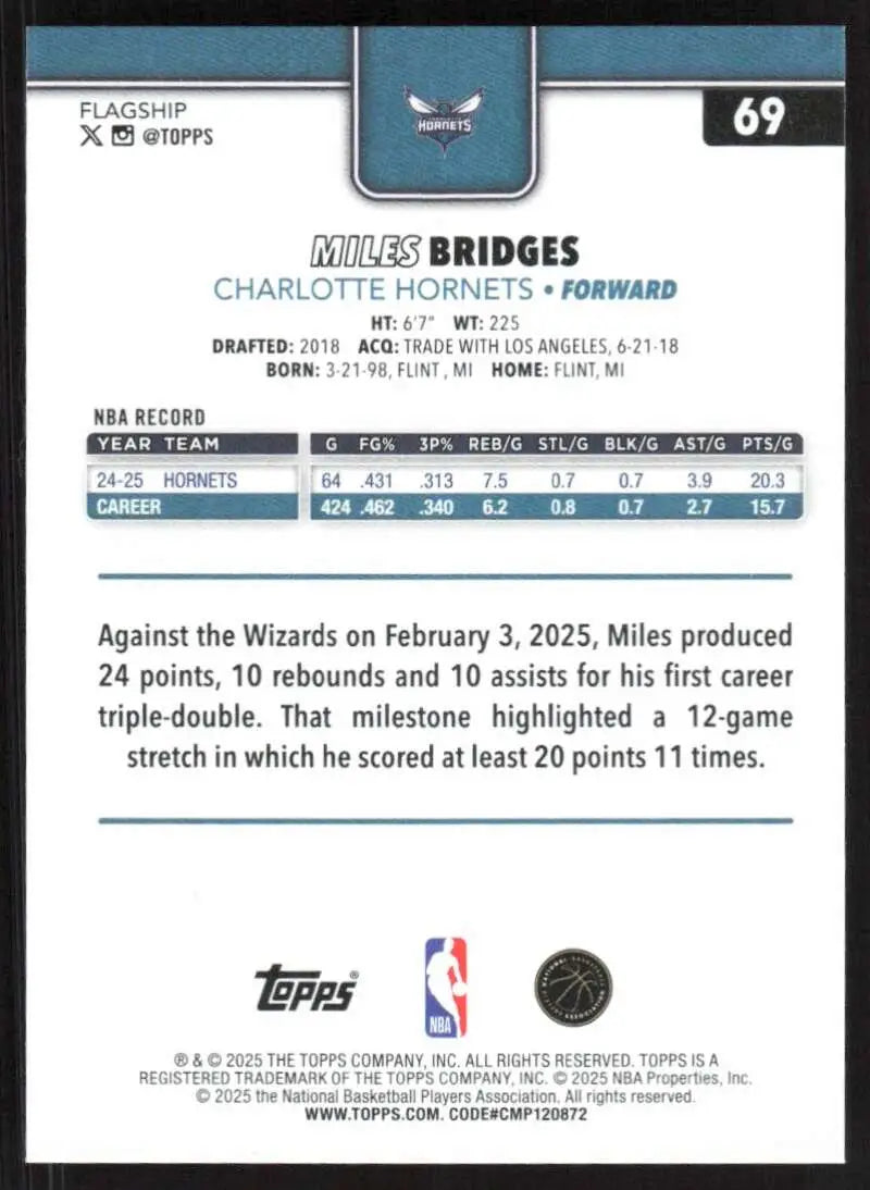 2025-26 Topps #69 Miles Bridges NM-MT Charlotte Hornets Basketball Card - Basketball Card Single