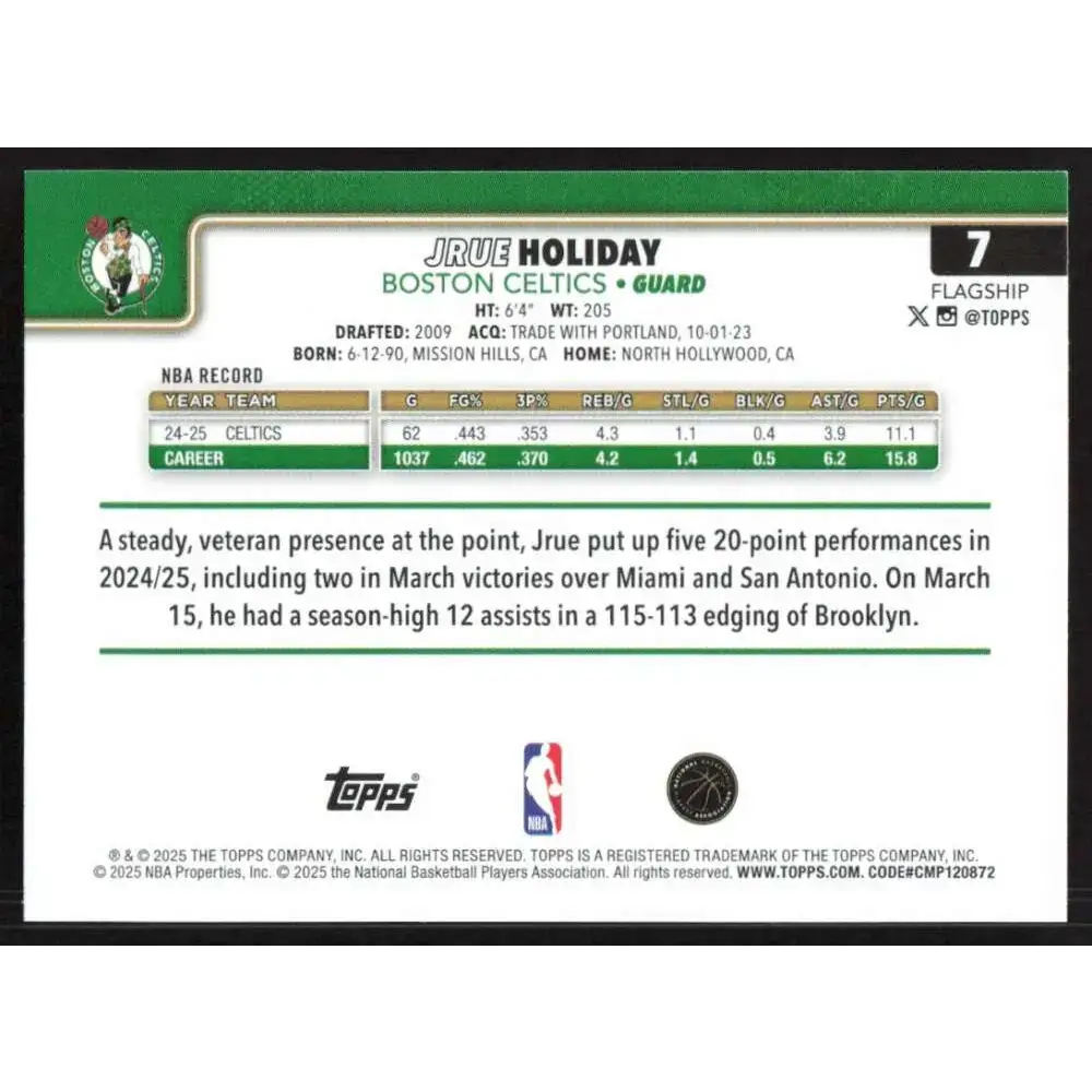 2025-26 Topps #7 Jrue Holiday NM-MT Boston Celtics Basketball Card - Basketball Card Single