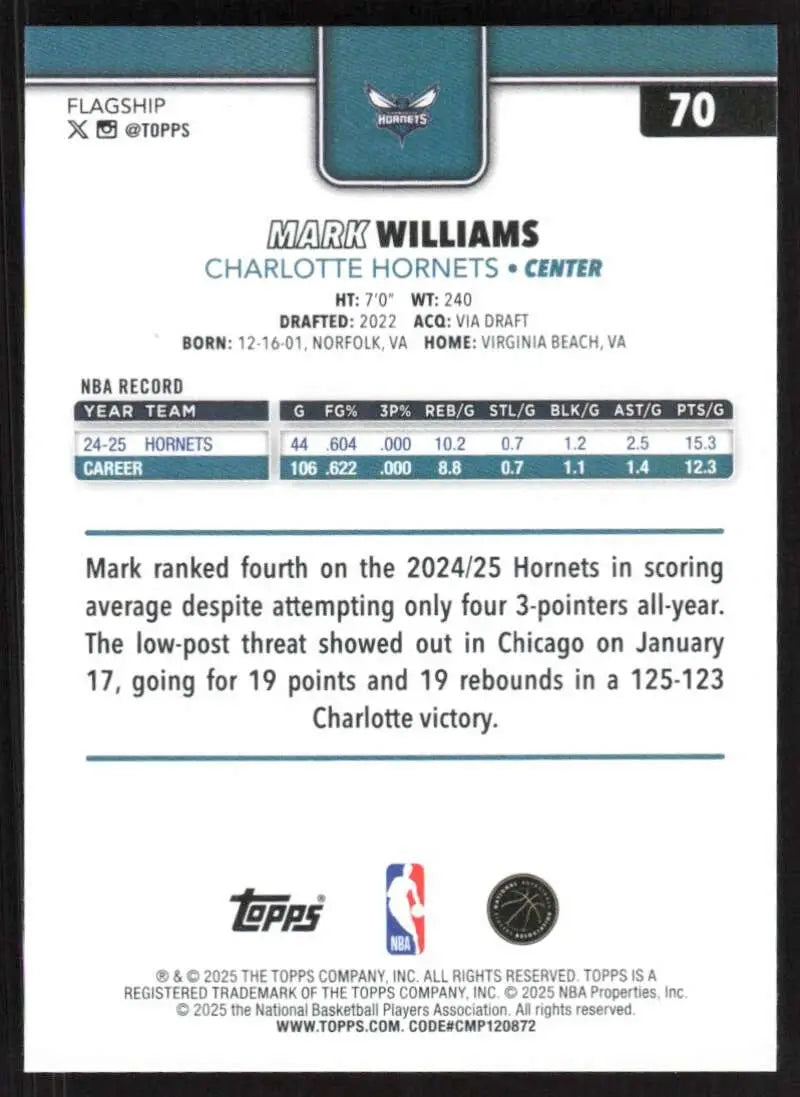 2025-26 Topps #70 Mark Williams NM-MT Charlotte Hornets Basketball Card - Basketball Card Single