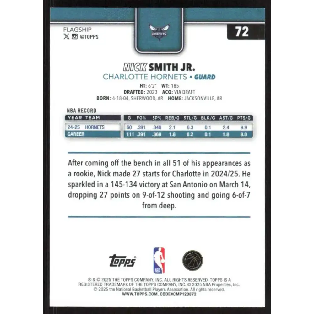2025-26 Topps #72 Nick Smith Jr. NM-MT Charlotte Hornets Basketball Card - Basketball Card Single