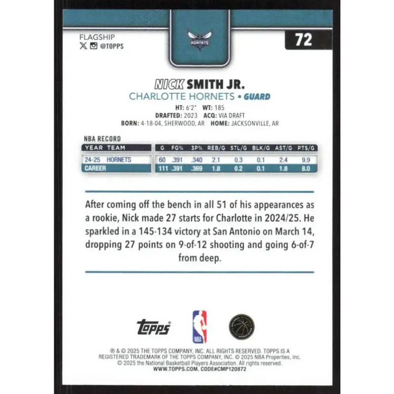 2025-26 Topps #72 Nick Smith Jr. NM-MT Charlotte Hornets Basketball Card - Basketball Card Single