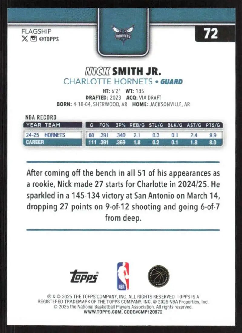 2025-26 Topps #72 Nick Smith Jr. NM-MT Charlotte Hornets Basketball Card - Basketball Card Single