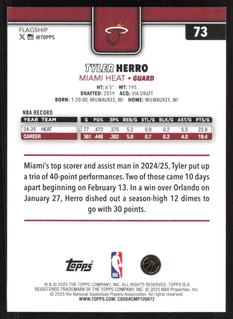 2025-26 Topps #73 Tyler Herro NM-MT Miami Heat Basketball Card - Basketball Card Single