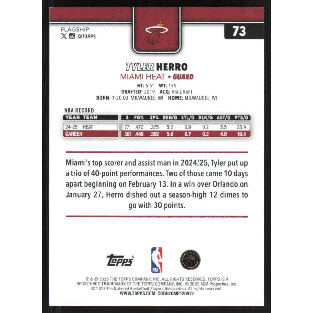 2025-26 Topps #73 Tyler Herro NM-MT Miami Heat Basketball Card - Basketball Card Single