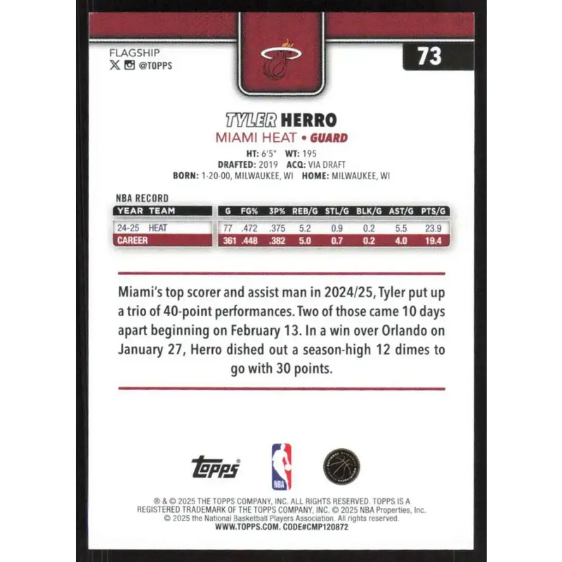 2025-26 Topps #73 Tyler Herro NM-MT Miami Heat Basketball Card - Basketball Card Single