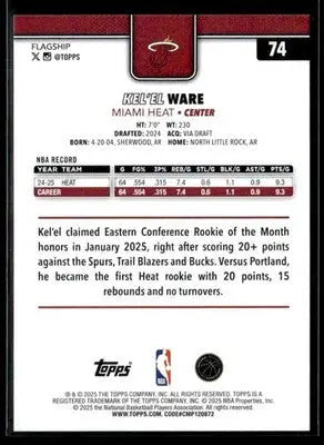 2025-26 Topps #74 Kel’el Ware Base Miami Heat