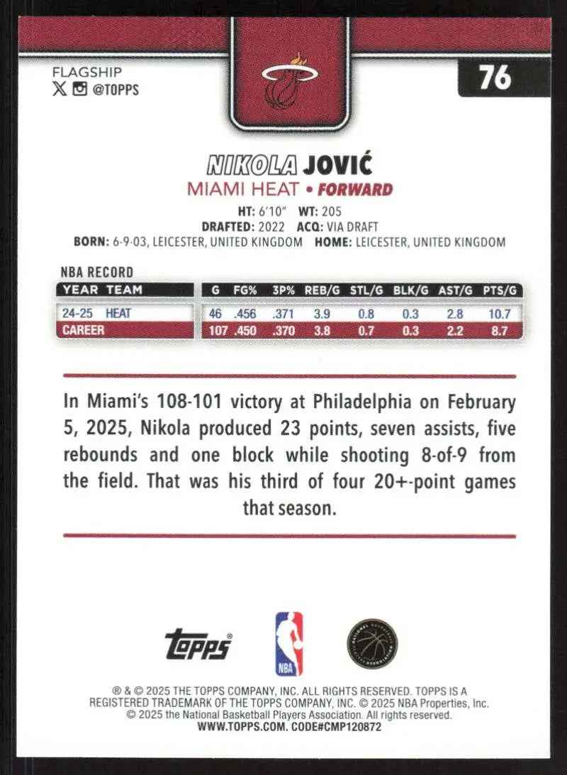 2025-26 Topps #76 Nikola Jovic NM-MT Miami Heat Basketball Card - Basketball Card Single