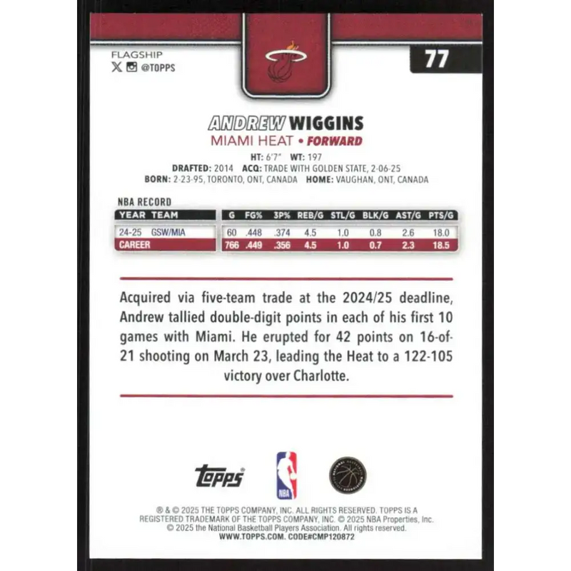 2025-26 Topps #77 Andrew Wiggins NM-MT Miami Heat Basketball Card - Basketball Card Single