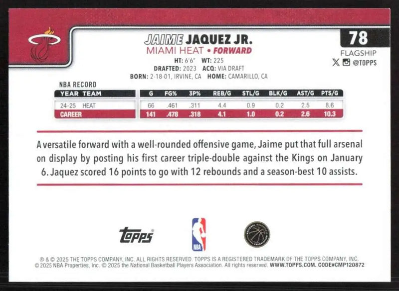 2025-26 Topps #78 Jaime Jaquez Jr. NM-MT Miami Heat Basketball Card - Basketball Card Single