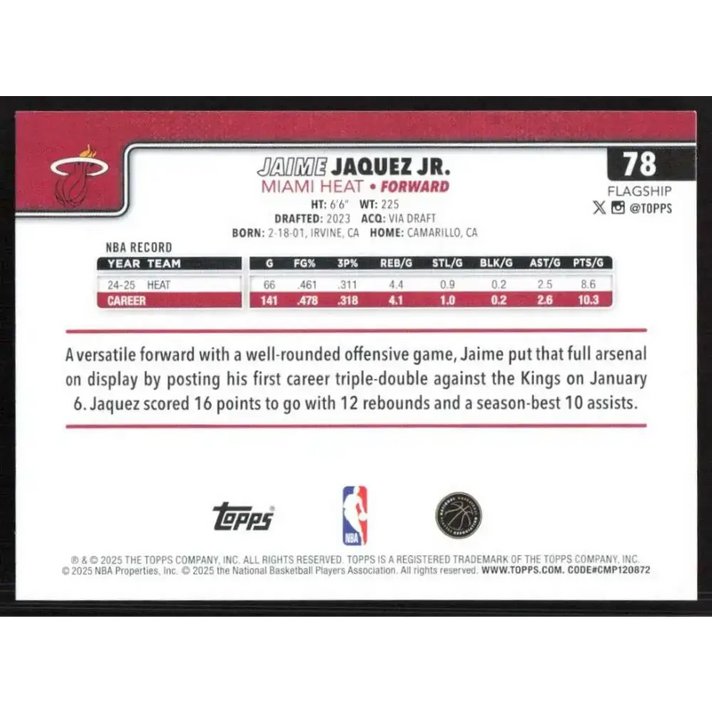 2025-26 Topps #78 Jaime Jaquez Jr. NM-MT Miami Heat Basketball Card - Basketball Card Single