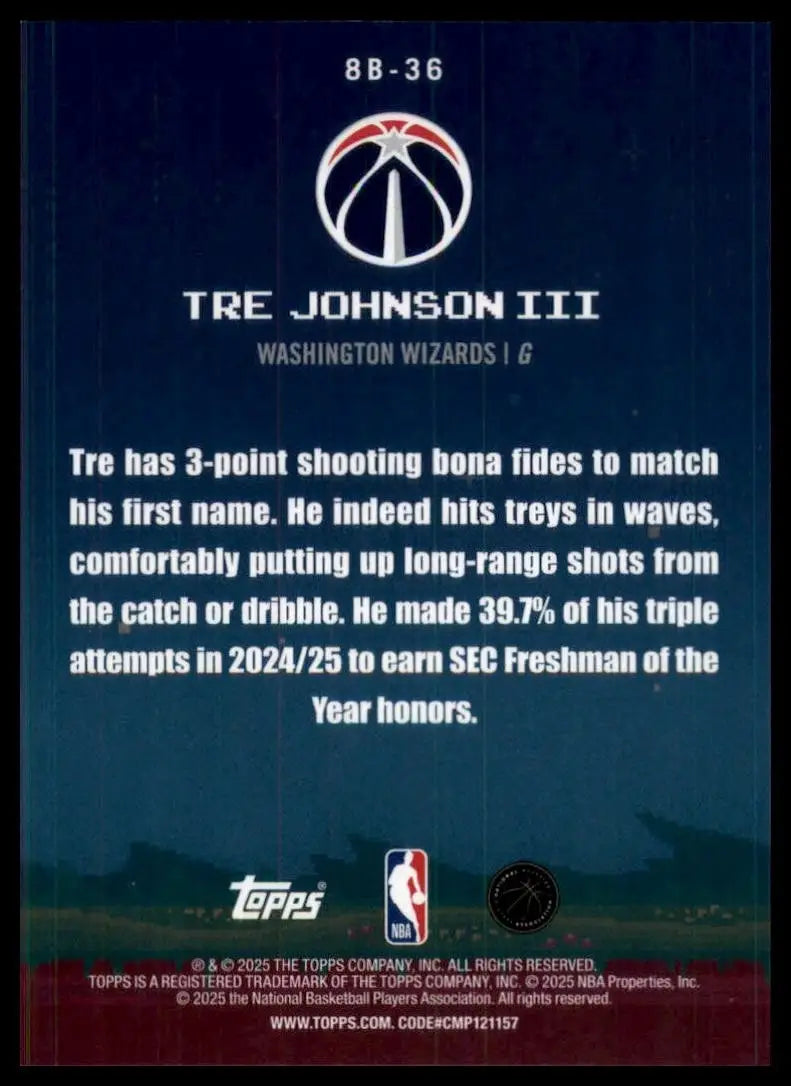 2025-26 Topps 8 Bit Ballers Foil Tre Johnson III Rookie #8B36 Washington Wizards - Basketball Card Single
