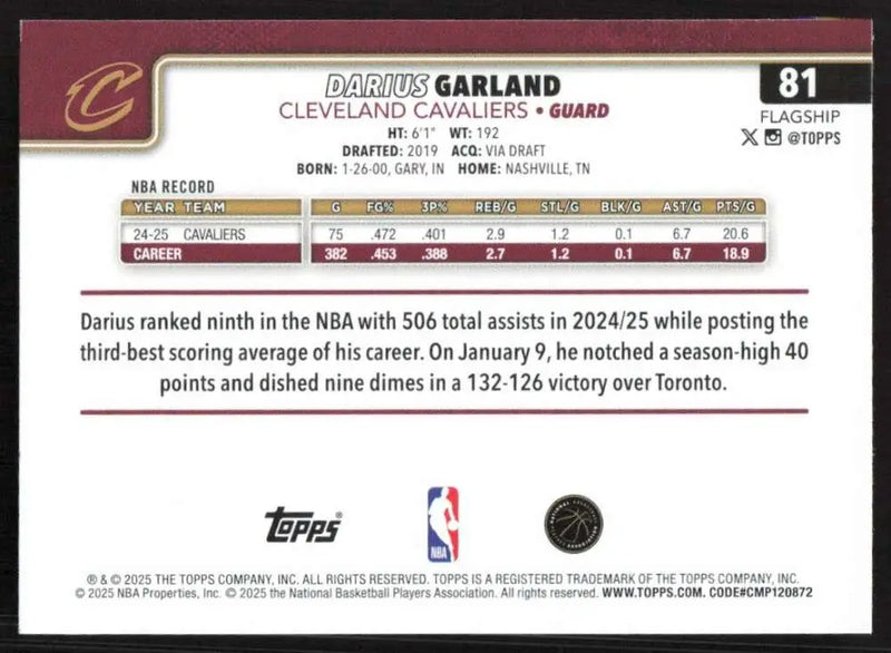 2025-26 Topps #81 Darius Garland NM-MT Cleveland Cavaliers Basketball Card - Basketball Card Single