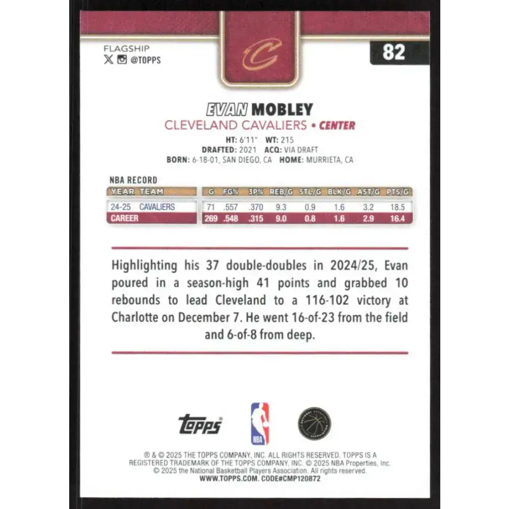 2025-26 Topps #82 Evan Mobley NM-MT Cleveland Cavaliers Basketball Card - Basketball Card Single