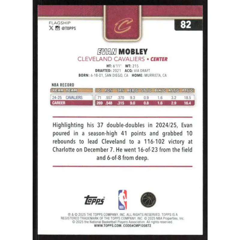 2025-26 Topps #82 Evan Mobley NM-MT Cleveland Cavaliers Basketball Card - Basketball Card Single