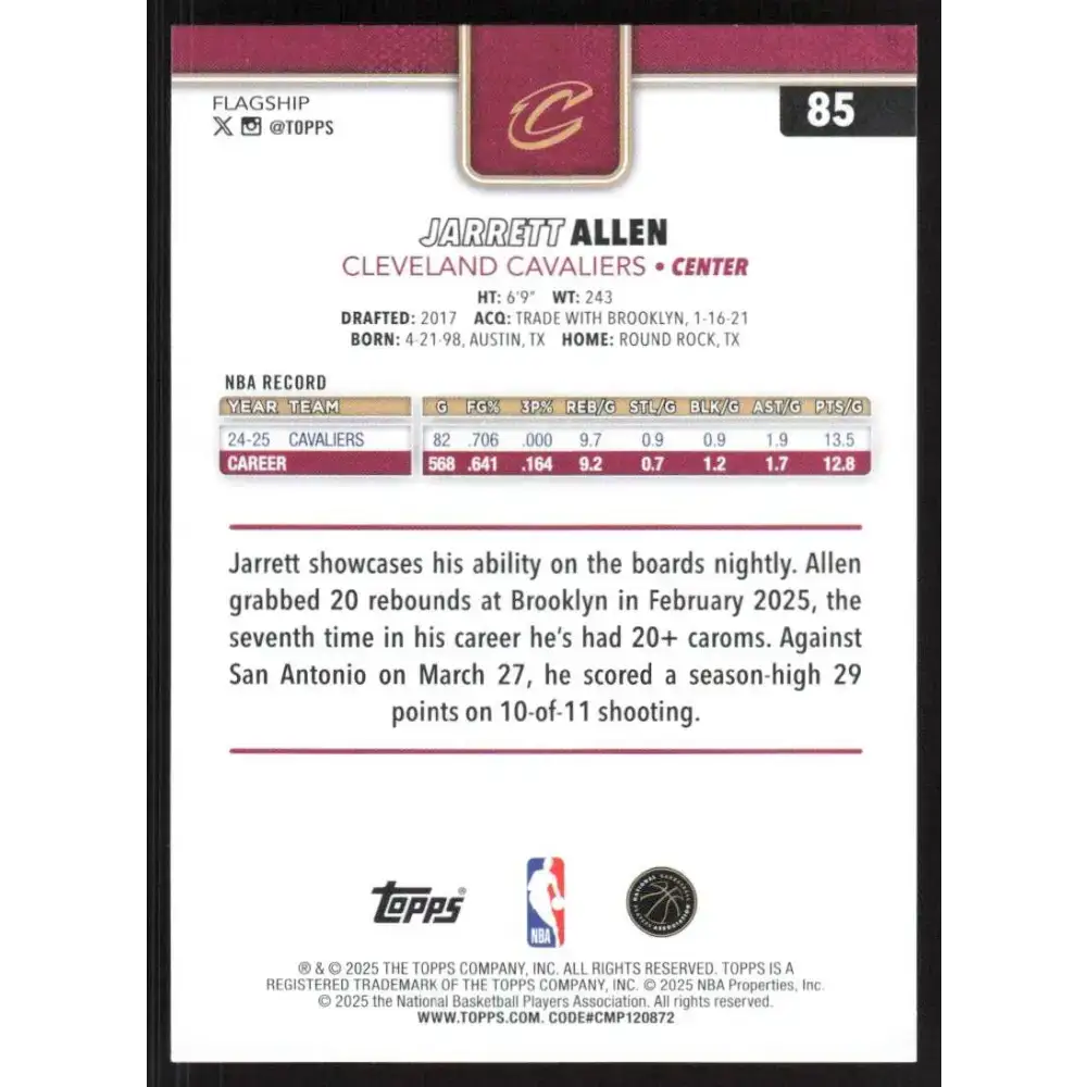2025-26 Topps #85 Jarrett Allen NM-MT Cleveland Cavaliers Basketball Card - Basketball Card Single