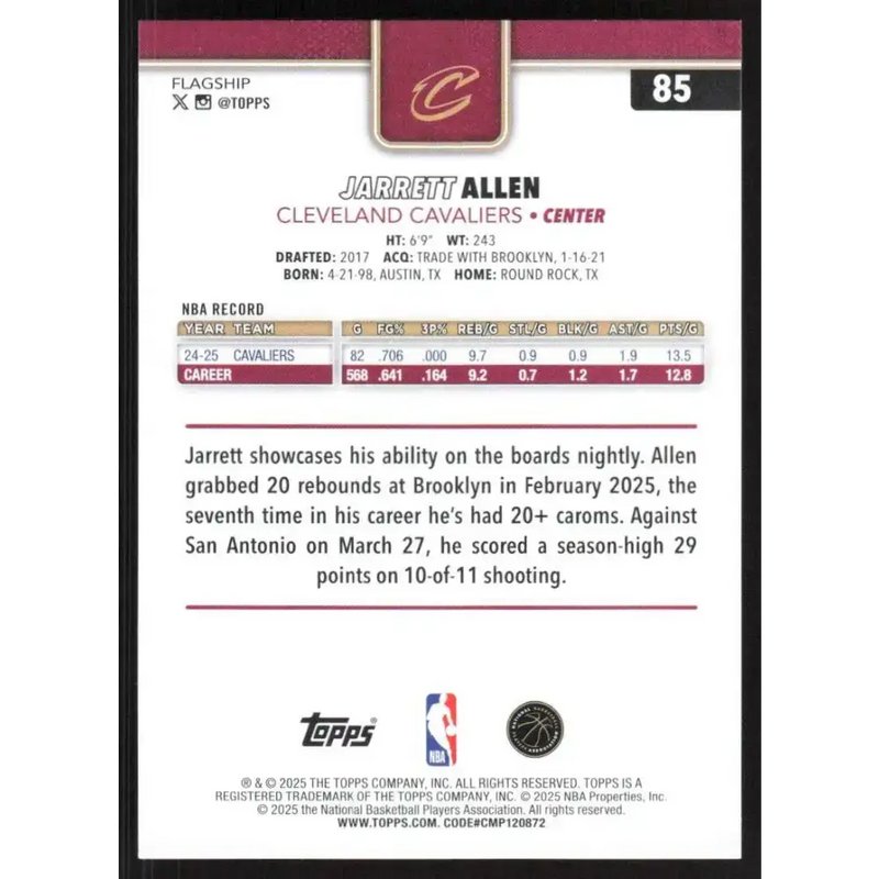 2025-26 Topps #85 Jarrett Allen NM-MT Cleveland Cavaliers Basketball Card - Basketball Card Single