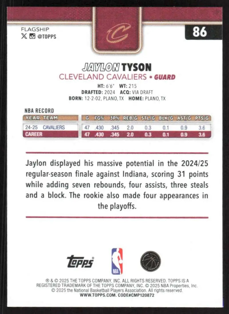 2025-26 Topps #86 Jaylon Tyson NM-MT Cleveland Cavaliers Basketball Card - Basketball Card Single