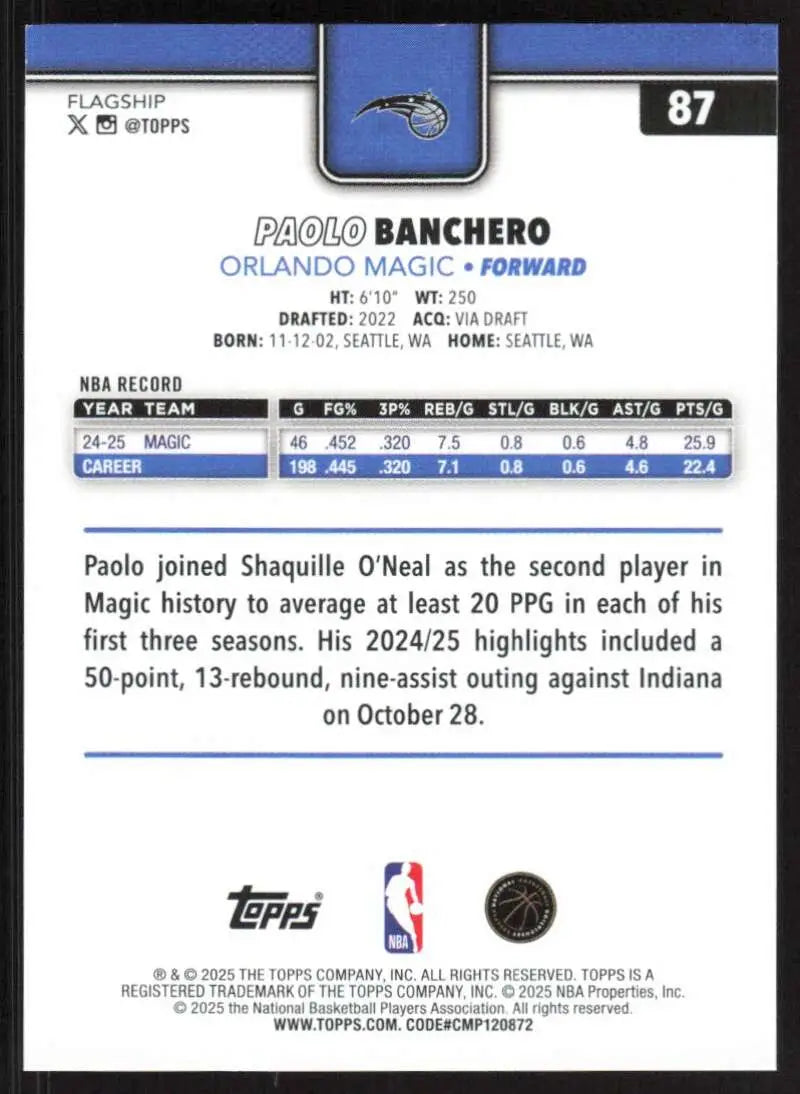 2025-26 Topps #87 Paolo Banchero NM-MT Orlando Magic Basketball Card - Basketball Card Single