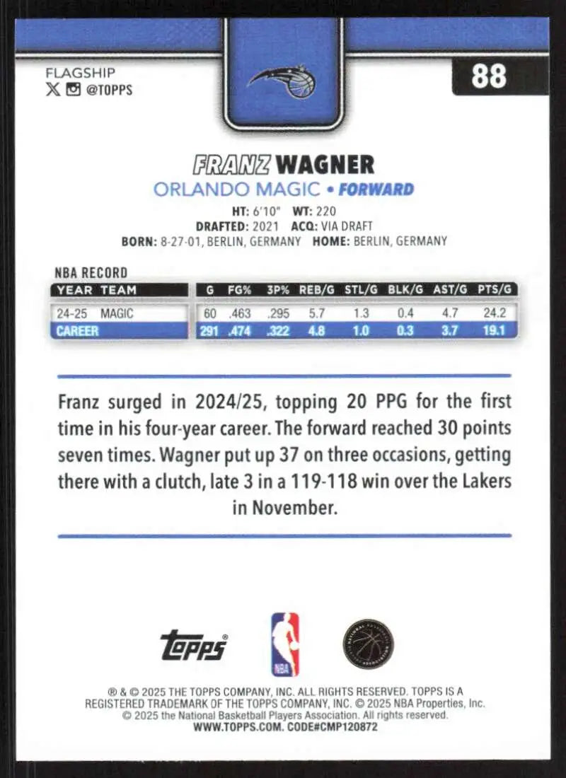 2025-26 Topps #88 Franz Wagner NM-MT Orlando Magic Basketball Card - Basketball Card Single
