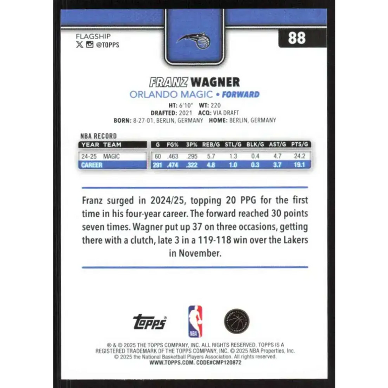 2025-26 Topps #88 Franz Wagner NM-MT Orlando Magic Basketball Card - Basketball Card Single