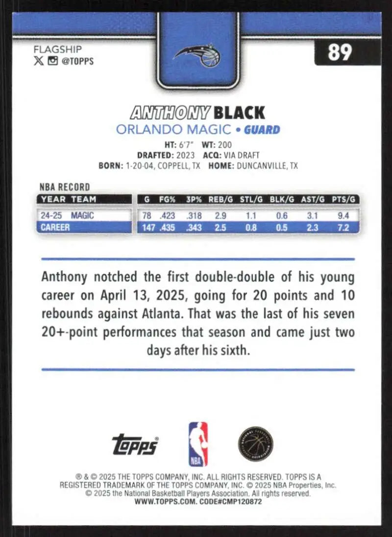 2025-26 Topps #89 Anthony Black NM-MT Orlando Magic Basketball Card - Basketball Card Single