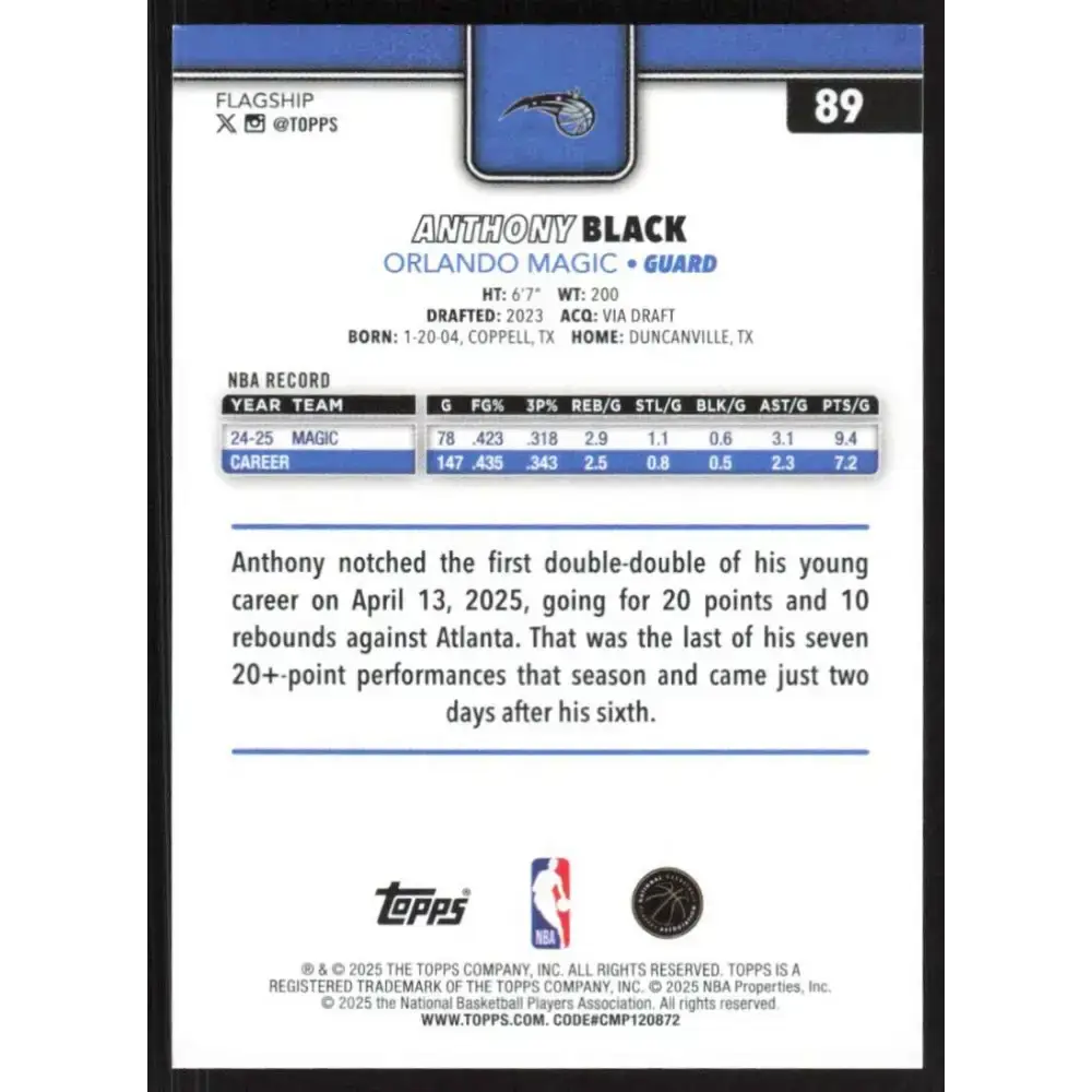 2025-26 Topps #89 Anthony Black NM-MT Orlando Magic Basketball Card - Basketball Card Single