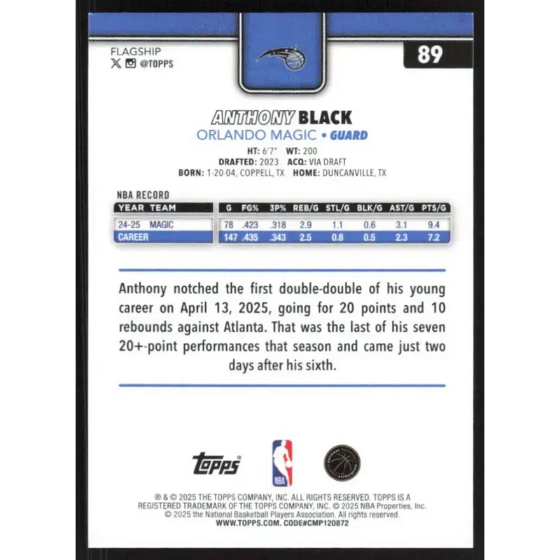 2025-26 Topps #89 Anthony Black NM-MT Orlando Magic Basketball Card - Basketball Card Single