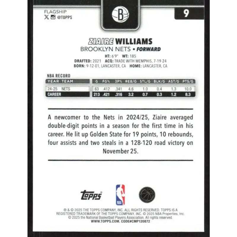2025-26 Topps #9 Ziaire Williams NM-MT Brooklyn Nets Basketball Card