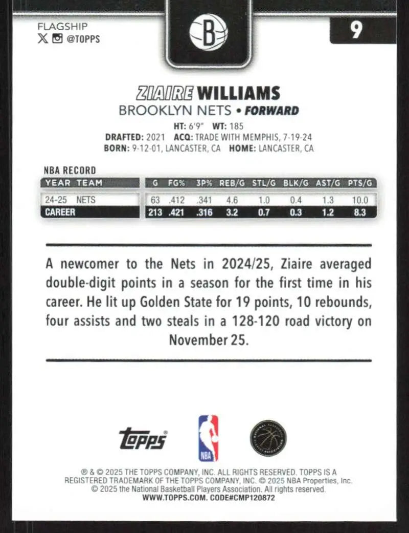 2025-26 Topps #9 Ziaire Williams NM-MT Brooklyn Nets Basketball Card - Basketball Card Single